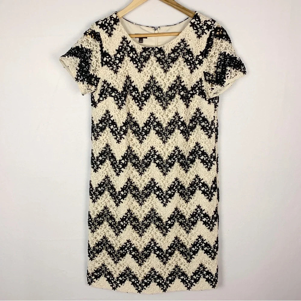 Talbots Black White Lace Overlay Chevron Shift Dress
